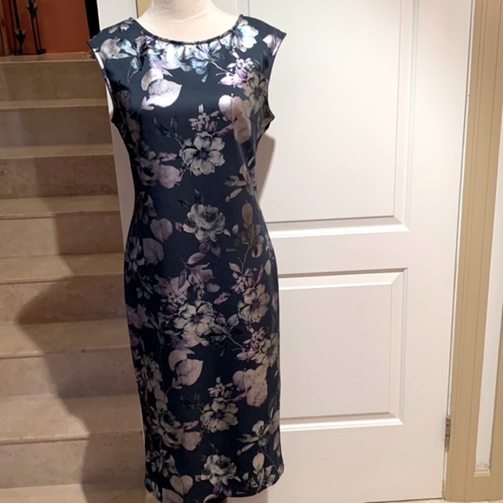 NEW YORK & CO.Metallic floral teal dress w/ metallic flowers. Midi, Size S. - Picture 3 of 13